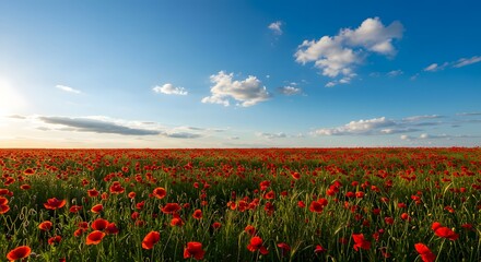 Vibrant Poppy Field Under Blue Sky Landscape with Clouds at Sunset