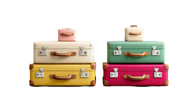 Colorful vintage suitcases stacked together, showcasing travel essentials against a plain backdrop