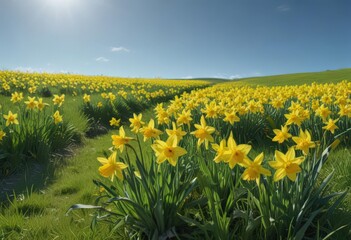 Fototapeta premium A vibrant display of yellow daffodils flourishing in a lush green meadow against a clear blue sky , renewal, pretty