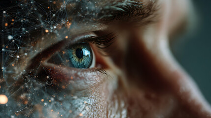 Human eye with digital network overlay displaying futuristic concepts of connection and technology