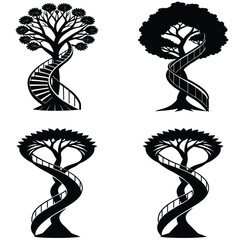 Four Fantasy Trees With Winding Stairs Black And White Vector Graphics
