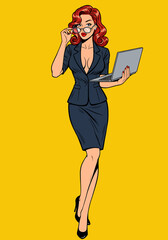 Vibrant pop art flat vector illustration of a confident pin-up secretary girl. Retro businesswoman style on a vibrant background