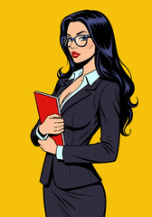 Vibrant pop art flat vector illustration of a confident pin-up secretary girl. Retro businesswoman style on a vibrant background