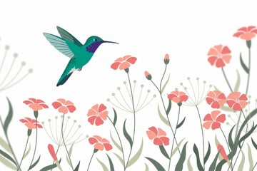 Hummingbird in flight among blooming flowers brings vibrant life to a tranquil garden setting