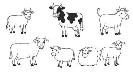 Obraz premium Cow and Sheep Cartoon Illustration Line Art Farm Animals Livestock