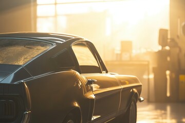 A classic black Mustang, bathed in golden sunlight, sits in a garage, a timeless symbol of American automotive history.