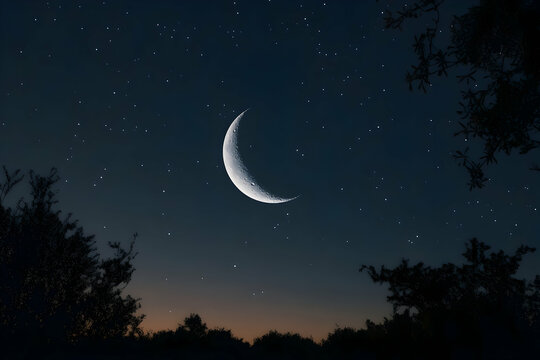 Crescent moon shines brightly in a dark starry night sky framed by trees.