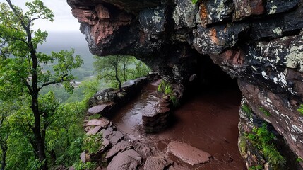 Rocky cave entrance pathway through lush forest.