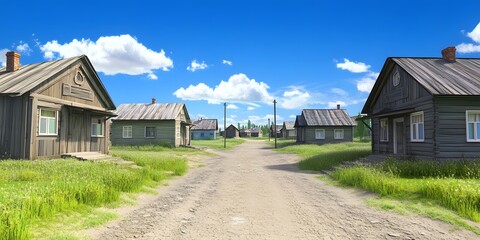 Naklejka premium Rural village street with wooden houses