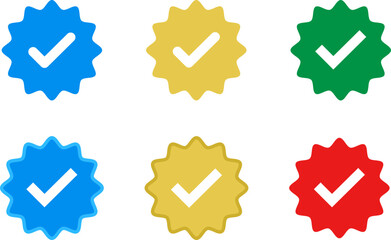 Check mark tick verification icons set symbol vector - Blue, Gold, Green and Red. Verified check mark badge. Verification icons. Verified authentication symbol.