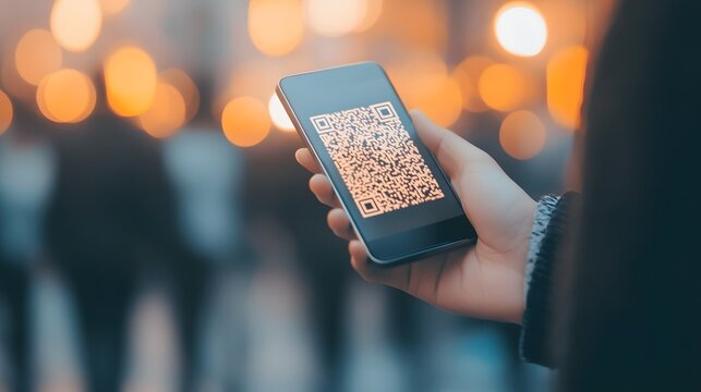 Person holding mobile phone displaying QR code at an event.