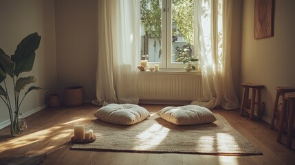 A bright and inviting room with cushions and natural sunlight