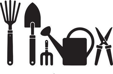 Garden Tools Icon Set Black Silhouette Equipment Vector Illustration © Asraful