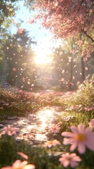 Obraz premium Sunny meadow with pink flowers and a bright sunny view