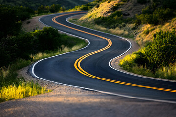 Fototapeta premium Winding road through a natural landscape with green vegetation and sunlight.