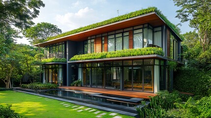 Fototapeta premium Eco-friendly building with a green roof lush front garden modern architecture under bright natural light inviting aesthetic. 