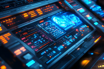 Futuristic control panel displays data and information in a dark interior.