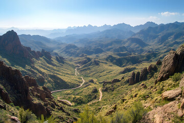 Naklejka premium Mountain landscape with a winding road through a valley under a blue sky.