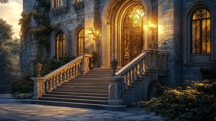 Fototapeta premium Elegant castle-like estate featuring a grand staircase leading to arched double doors, intricate stonework, and golden accents under soft twilight wide-angle view. 