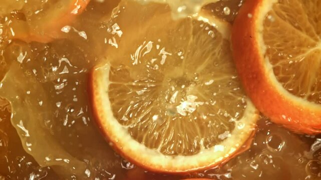 Orange slices fall into the orange juice. Filmed on a high-speed camera at 1000 fps. High quality FullHD footage