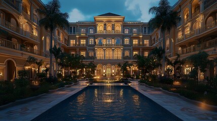 Fototapeta premium Elegant palace hotel featuring gilded balconies cascading water features and intricate friezes bathed in soft warm lighting slightly elevated wide-angle view. 