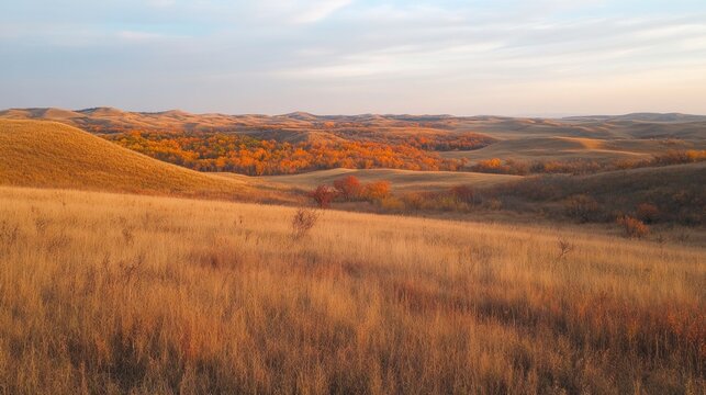 Autumnal prairie landscape.  Golden grasses, colorful trees, rolling hills, serene vista