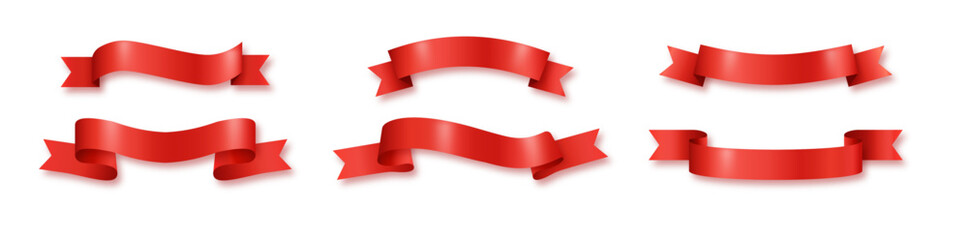 Red ribbon banners isolated set. Shiny red promotional ribbons and sale tags