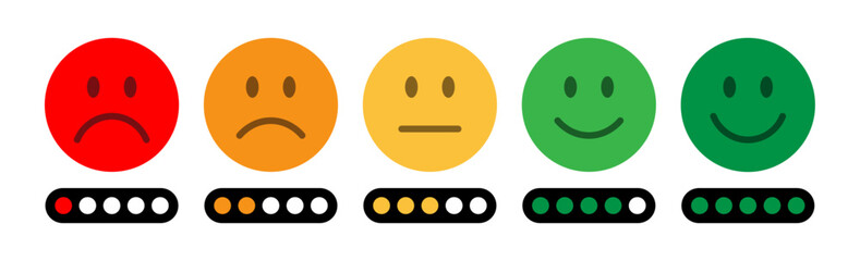 Customer satisfaction rating scale with emoji faces from sad to happy. Colorful feedback icons for reviews, surveys, UI, UX evaluation, and performance rating visuals. Feedback, rating emoji, icons.