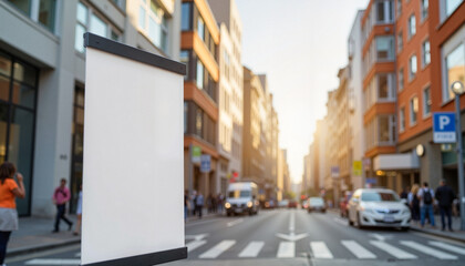 Obraz premium Vertical banner mockup on a city street with an urban backdrop featuring buildings and sunlight