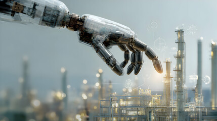 Precision touch robotic hand interacting with futuristic industrial plant creating advanced automation