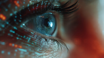 Abstract vision of advanced tech with digital interface display projected onto the eye surface