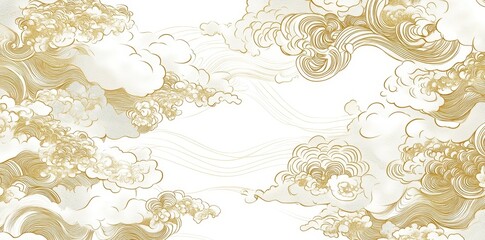 A luxury oriental poster or river banner can be created using a modern gold white Asian pattern with wave lines and a sea theme in a Japanese style abstract water illustration