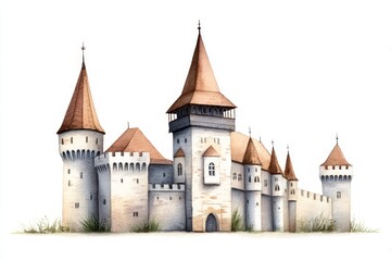 Obraz premium Majestic Medieval Castle Illustration - Watercolor painting of a grand medieval castle, featuring multiple towers, crenellations, and a high central tower. The castle sits against a white background
