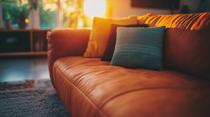 A comfortable orange leather sofa with colorful decorative pillows indoors