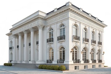 A grand white neoclassical building featuring tall arched windows, ornate cornices, and balconies with iron railings, emphasizing historical, isolated on a transparent background See Less
