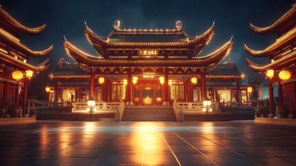 Fototapeta premium Night scene of an Asian temple complex. Ornate architecture, illuminated by warm lanterns, creates a serene and mystical atmosphere