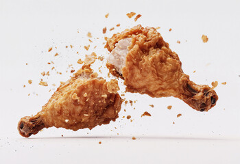 Crispy Fried Chicken Pieces in Midair Explosion, isolated white background