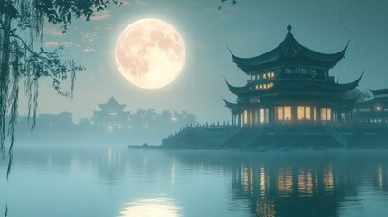 Tranquil Asian moonlit pagoda scene by a lake