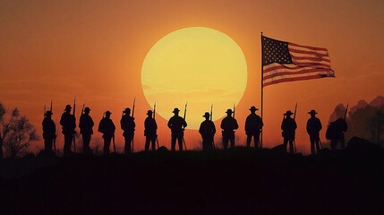 Fototapeta premium Silhouetted US Soldiers Standing Under American Flag at Sunset – Military Tribute and Patriotism Concept