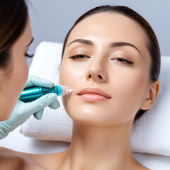 Facial massage with microneedle dermaroller for the treatment of scars, wrinkles and for facial rejuvenation. Simple and cheap skin care at home.