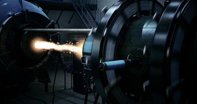 In a futuristic laboratory, advanced machinery is actively showcasing rocket propulsion technology. Sparks and flames emerge as the systems undergo an experimental process.