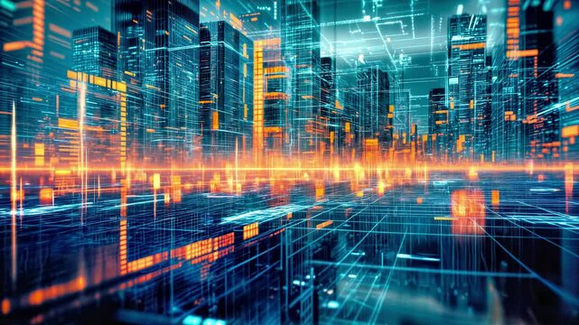 Digital futuristic cityscape with blue orange virtual grid network. Abstract cyber technology data visualization in glowing geometric infrastructure. Urban metaverse simulation with illuminated - Powered by Adobe