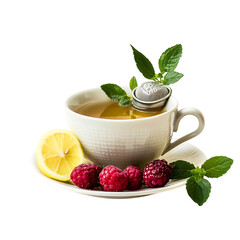 Cup of Raspberries Black Tea and Lemon Balm Isolated on Transparent Background