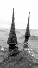 Fototapeta premium Two weathered, conical buoys bob in choppy ocean waves; misty, grey sky background. Perfect for maritime, environmental, or nautical themes