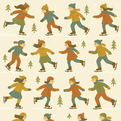 Children ice skating in a seamless pattern with trees behind