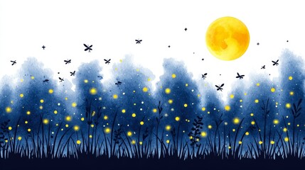 Nighttime Meadow with Fireflies and Moon - Serene watercolor painting of a moonlit meadow filled with glowing fireflies and dragonflies. Perfect for nature lovers and peaceful settings