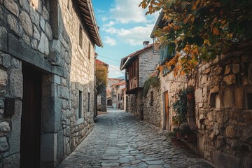 A narrow, stone-paved alleyway winds through a picturesque village. 