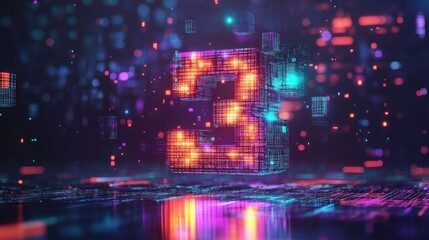 Fototapeta premium Digit three, glowing digital display, futuristic abstract background