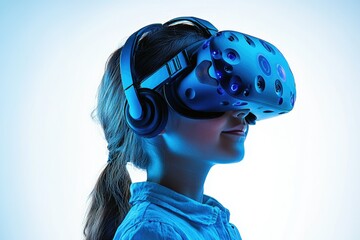 Young girl immersed in virtual reality, experiencing a digital world through a VR headset.