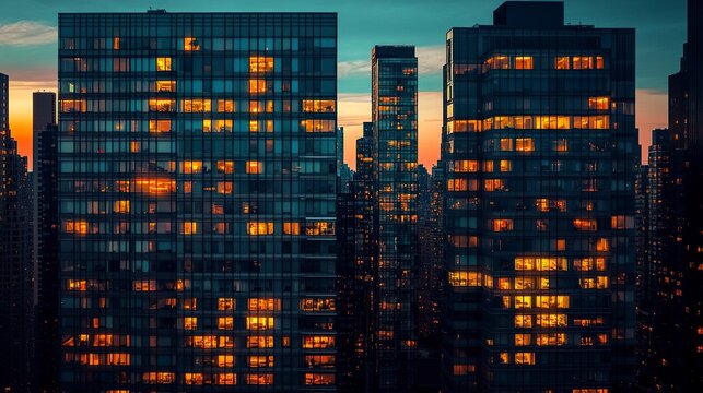 High-rise glass office building shining facade minimalist design rising above a bustling city vibrant modern urban aesthetic.  